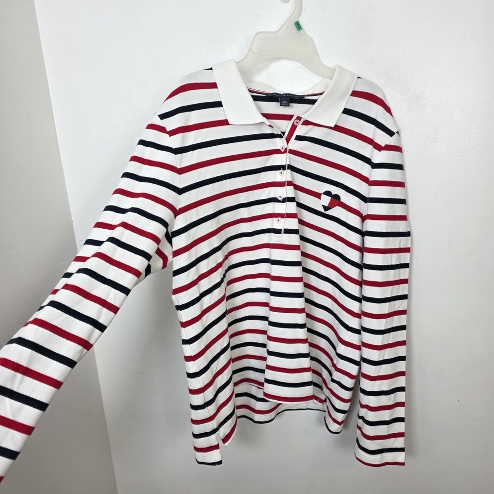 Tommy Hilfiger White Navy Red Striped Preppy Heart Long Sleeve Shirt Size XL‎ - Picture 3 of 7